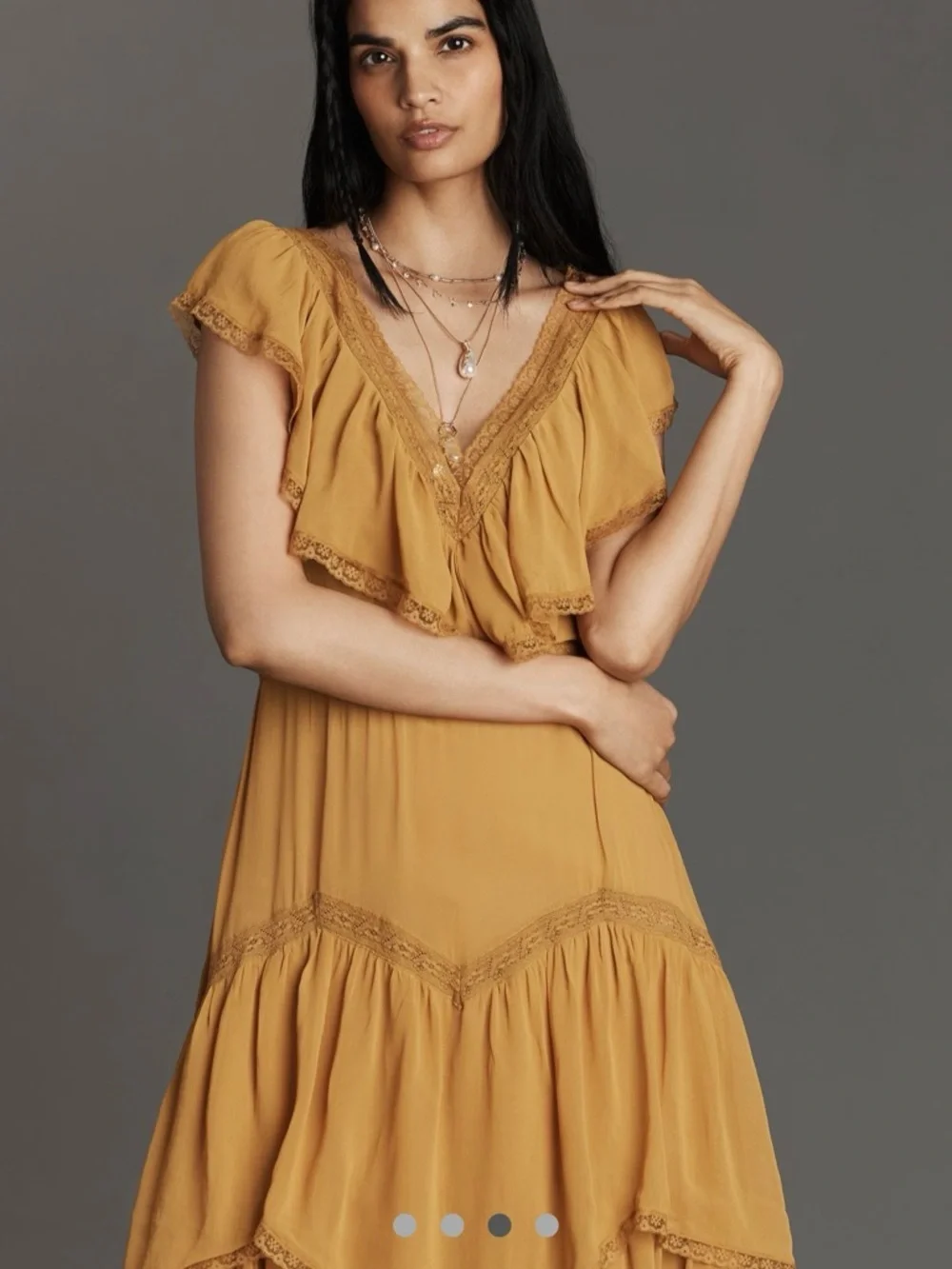 Anthropologie Mustard Tiered Maxi Dress with Ruffle V-Neck short sleeve dress - Picture 3 of 5